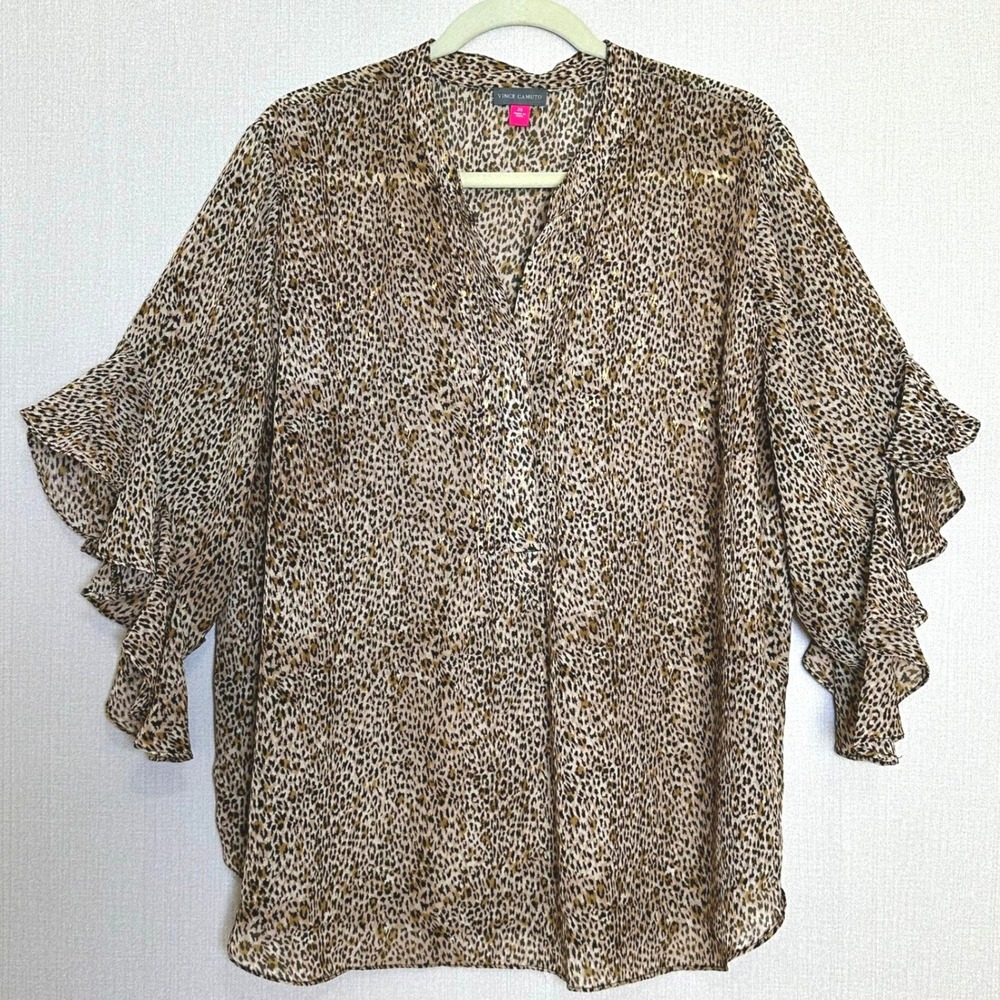 Vince Camuto Leopard Animal Print Ruffle Sleeve V-Neck Top Blouse‎ Size 2X